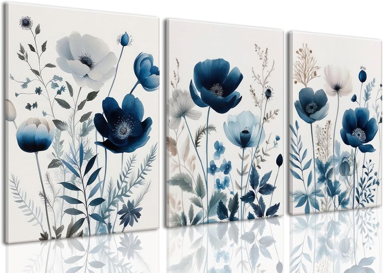 Navy Blue Wall Art Canvas Abstract Floral Painting (3 Pcs 12x16in Framed)